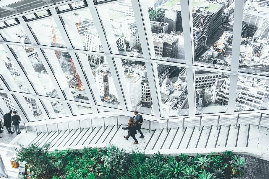 two people walking on stairs, staircase, window view, architecture HD wallpaper