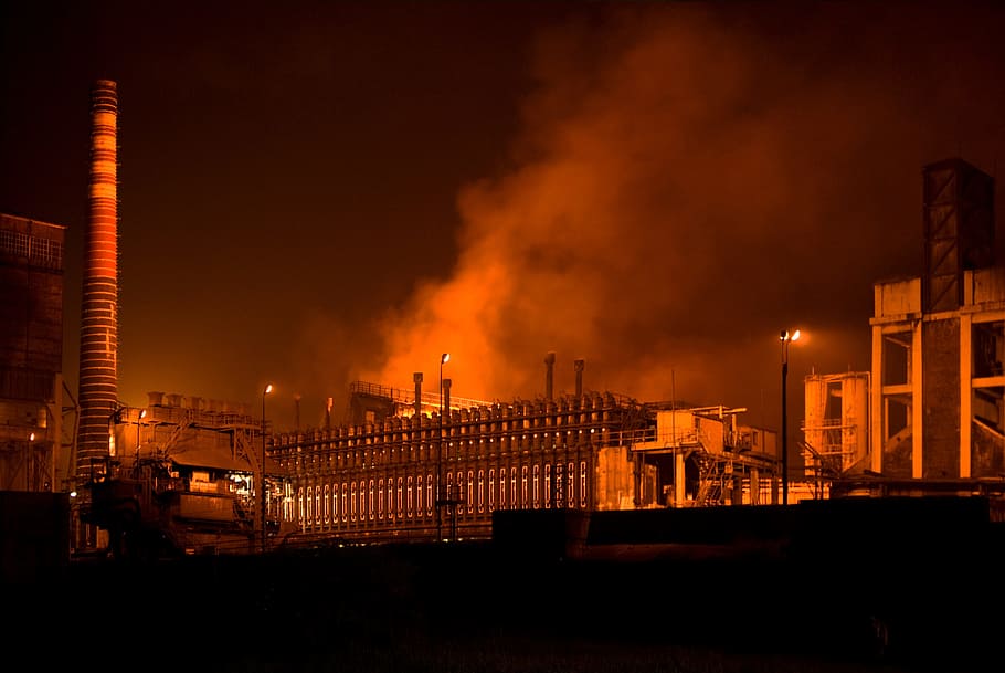 powerplant with smoke near trees, Pollution, Manufacture, Factory