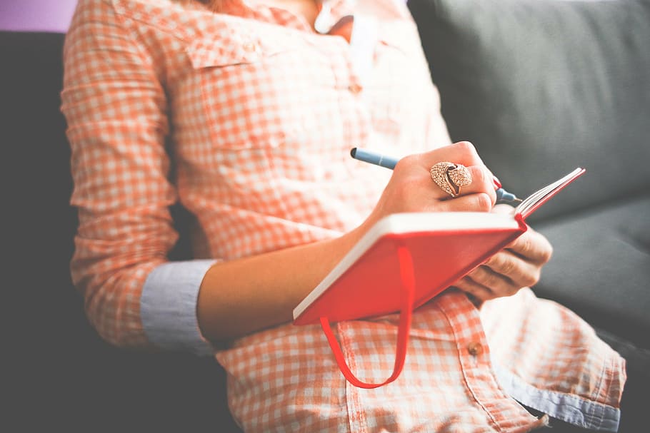 woman in orange long-sleeved dress, female, diary, write, beautiful HD wallpaper