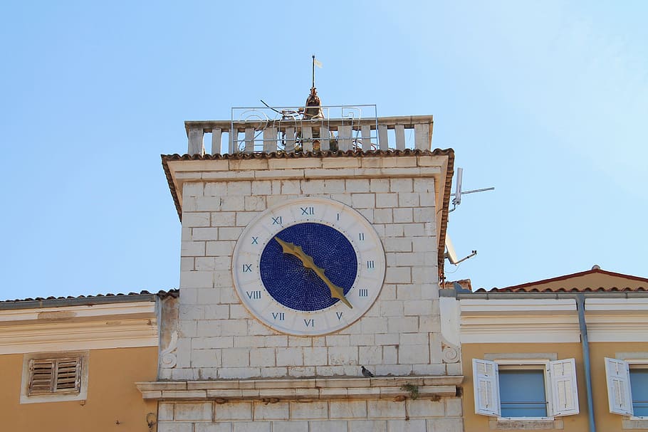 tower, croatia, clock, blue, cres, island of cres, city, sky HD wallpaper