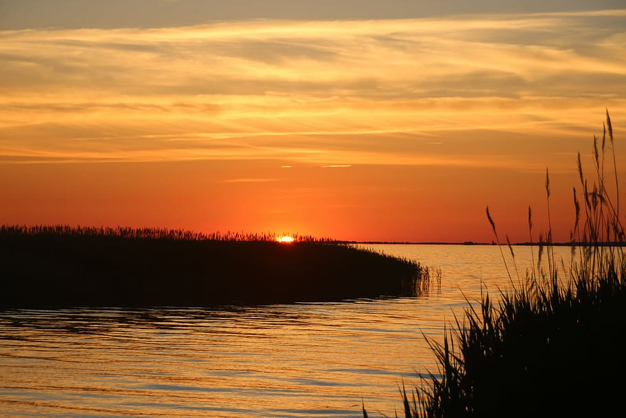 sunset, baltic sea, booked, back light, watercolour, orange HD wallpaper
