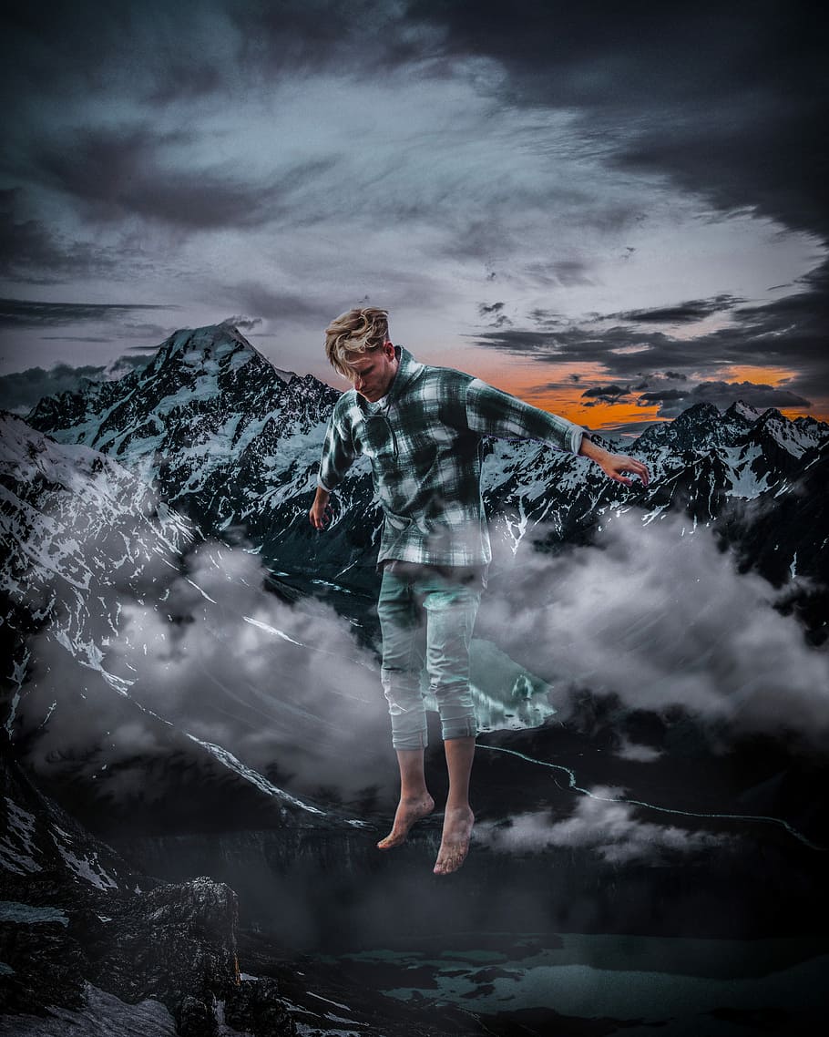 boy, jumping, sky, mountains, clouds, panoramic, outdoors, nature HD wallpaper
