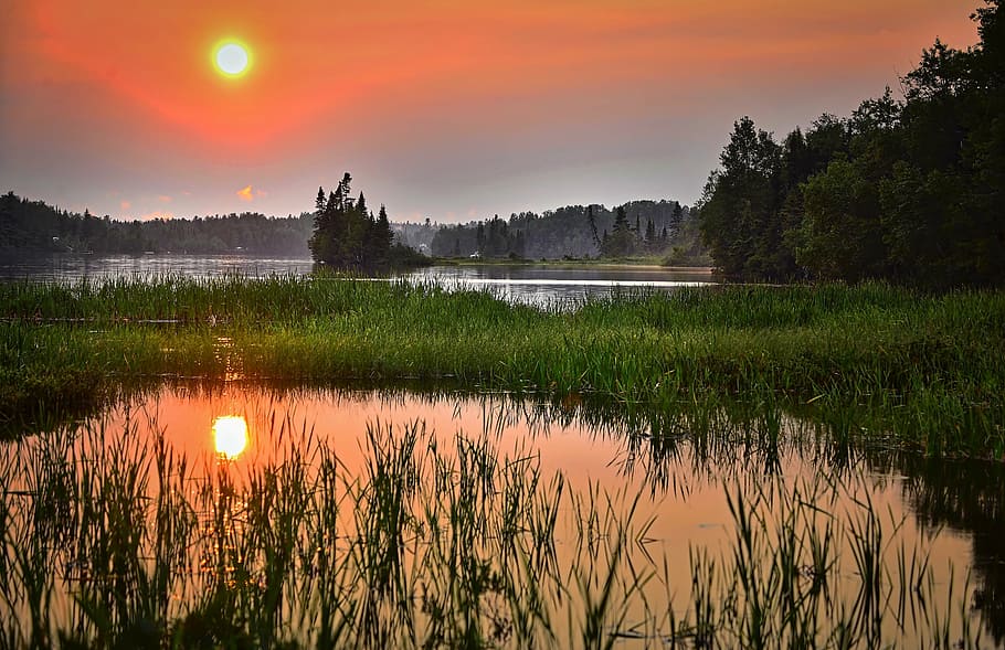 body of water in sunset, lake, landscape, summer, twilight HD wallpaper