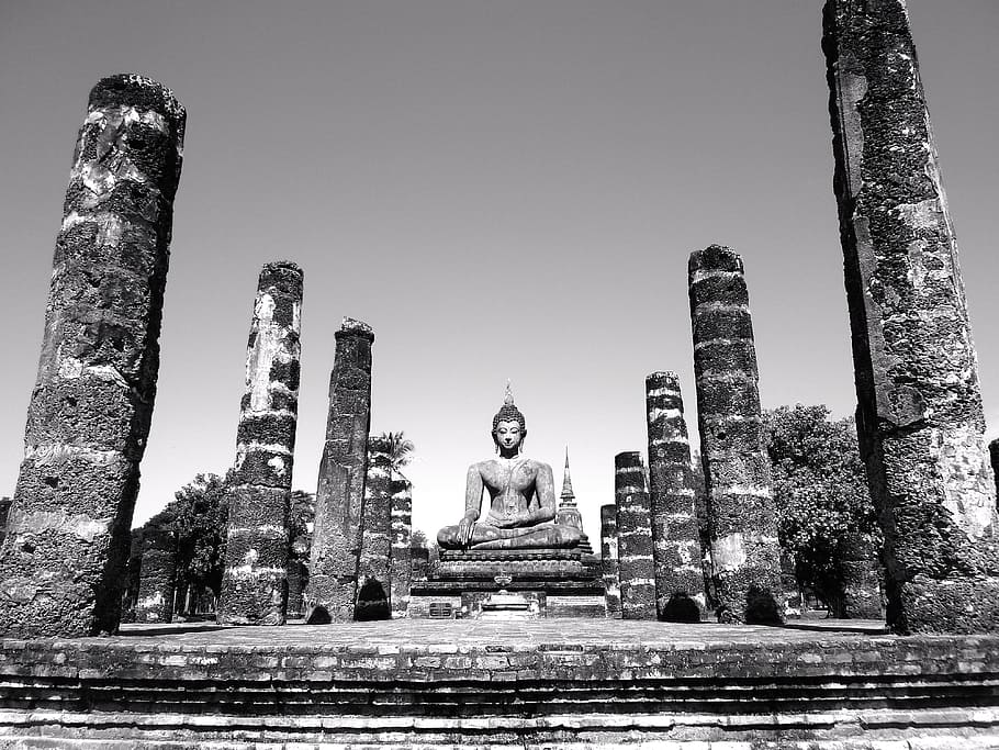 grayscale photo of buddha statue, grayscale photo of Buddha statue HD wallpaper