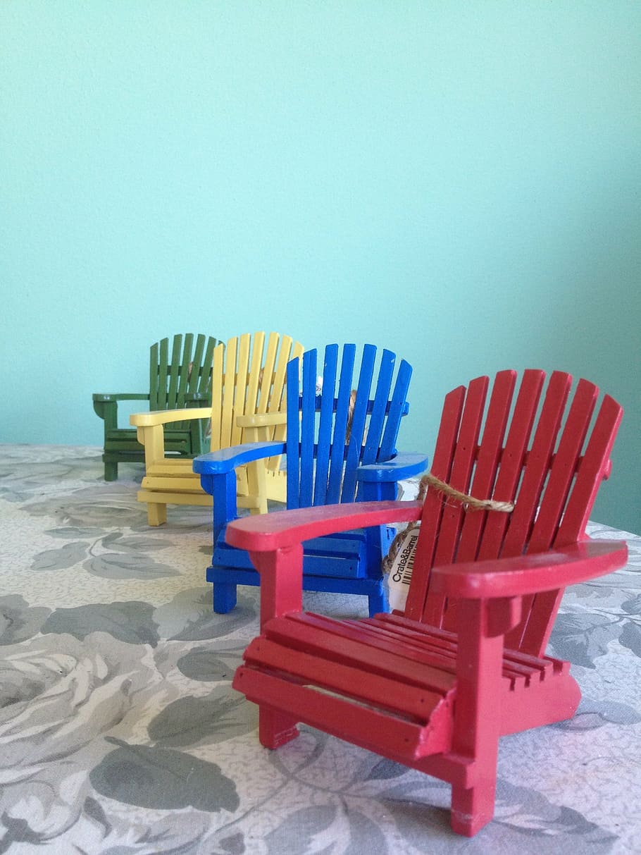 adirondack chairs, red chair, blue chair, yellow chair, green chair, HD wallpaper
