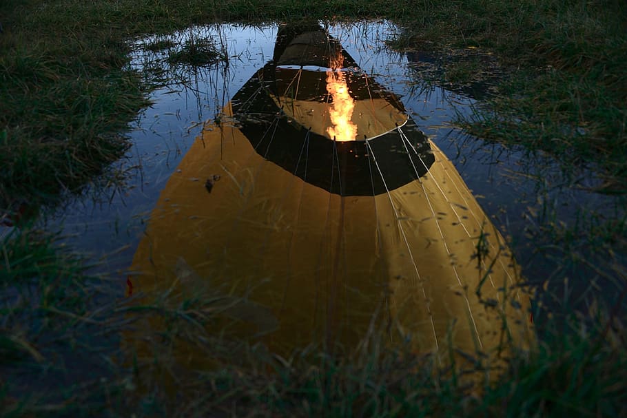 reflections, flame, hot-air ballooning, water, plant, nature HD wallpaper