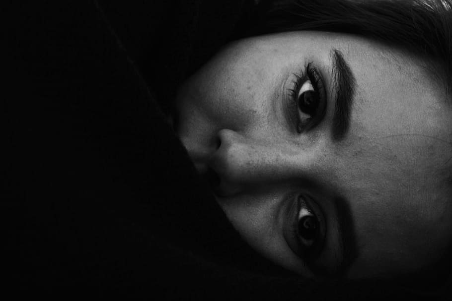 Black and white close up of horizontal female face in Tehran Province, untitled