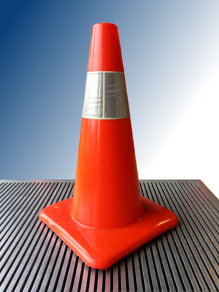orange and gray traffic cone on gray surface, construction HD wallpaper