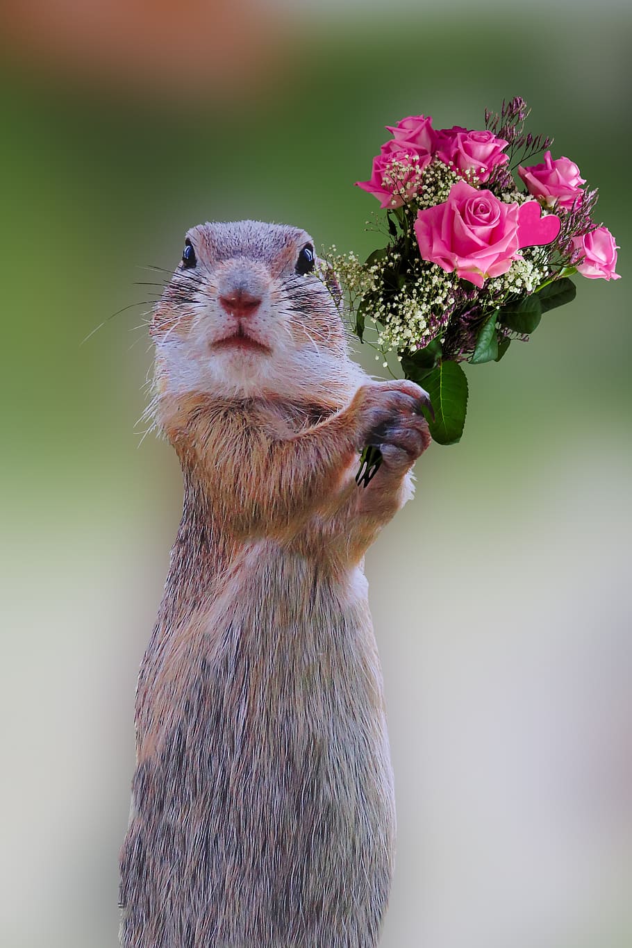 squirrel holding pink roses, bouquet, flowers, bouquet of roses