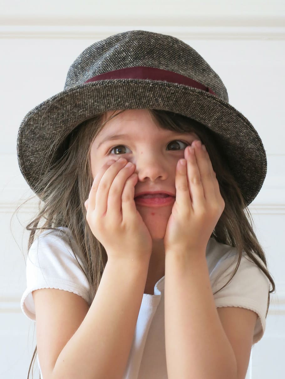 child, hat, joy, hide, laugh, portrait, one person, headshot HD wallpaper
