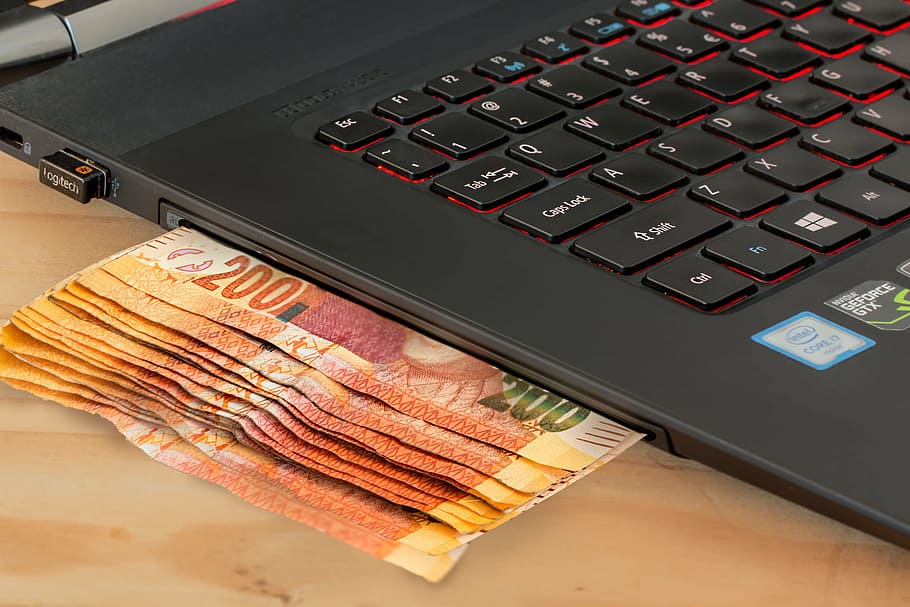 black laptop computer on top of table, ecommerce, cash, e-commerce, HD wallpaper