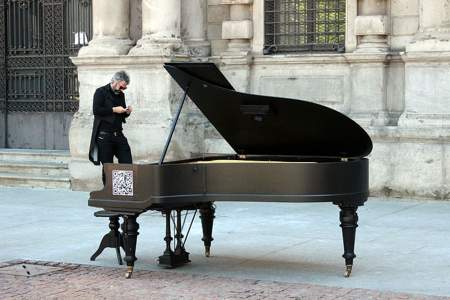 grand piano near building, plan, milan, street, music, musician