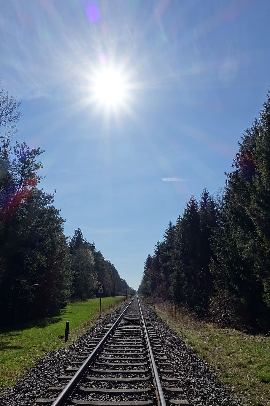 Sun, Sky, Blue, Rays, Rail Track, railroad track, transportation HD wallpaper