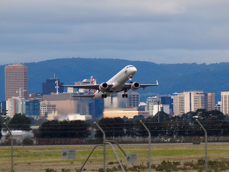 gray airplane lifting off, airport, takeoff, aircraft, virgin, HD wallpaper