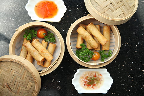two round brown container with spring rolls, crispy, fried HD wallpaper