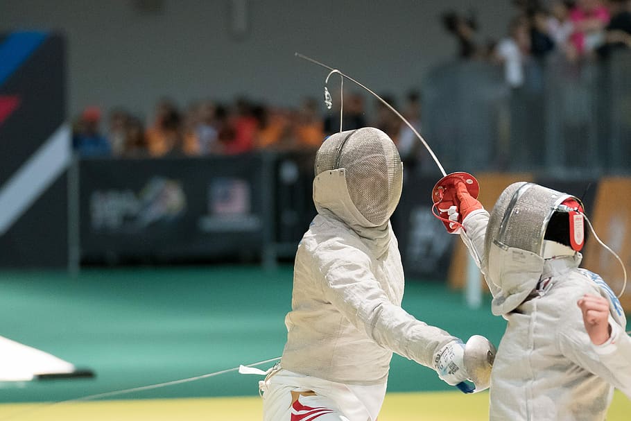 two person fencing inside the gym, two person fencing on gym, HD wallpaper