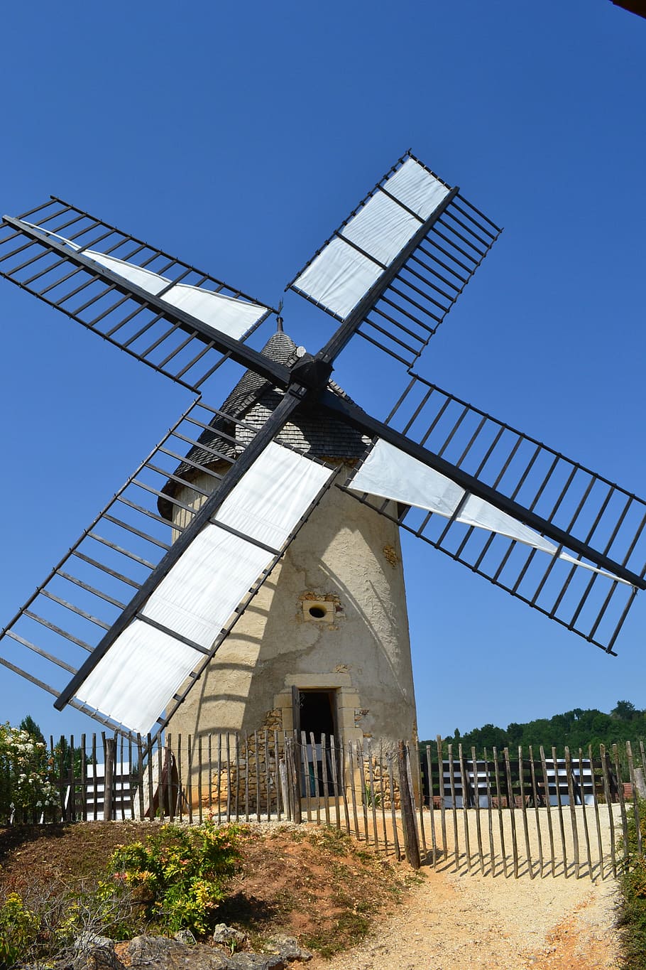 windmill, bournat, bugue, old, dordogne, france, sky, architecture HD wallpaper