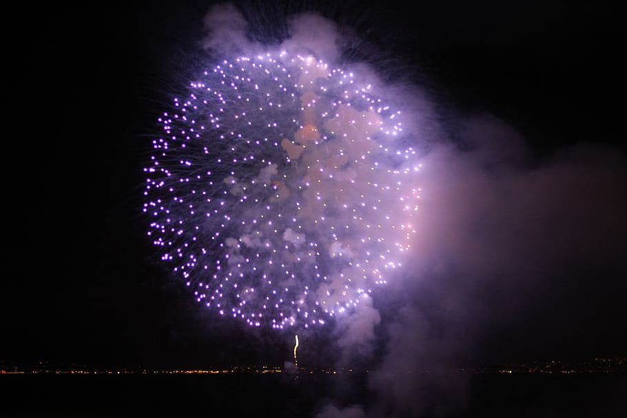 fireworks display, blue, light, bright, naples, holiday, celebration HD wallpaper