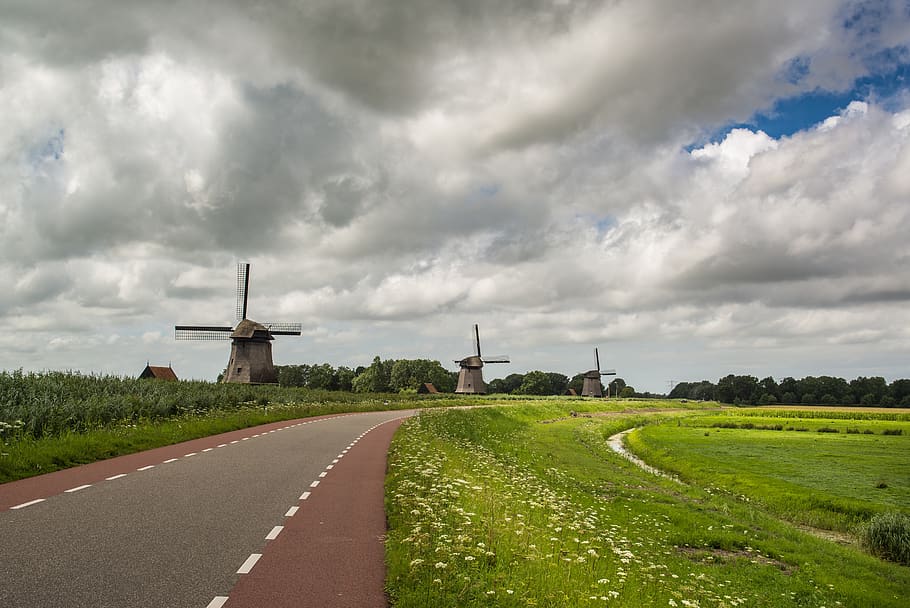windmills, pond, clouds, sky, landscape, architecture, historically HD wallpaper