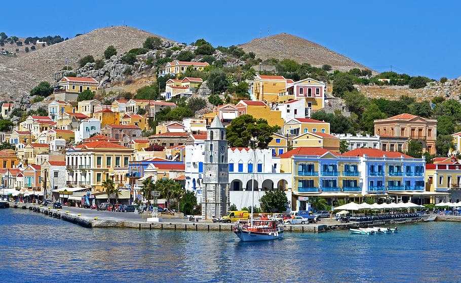 boat near pier with buildings, city, mountains, chapel, greece, HD wallpaper