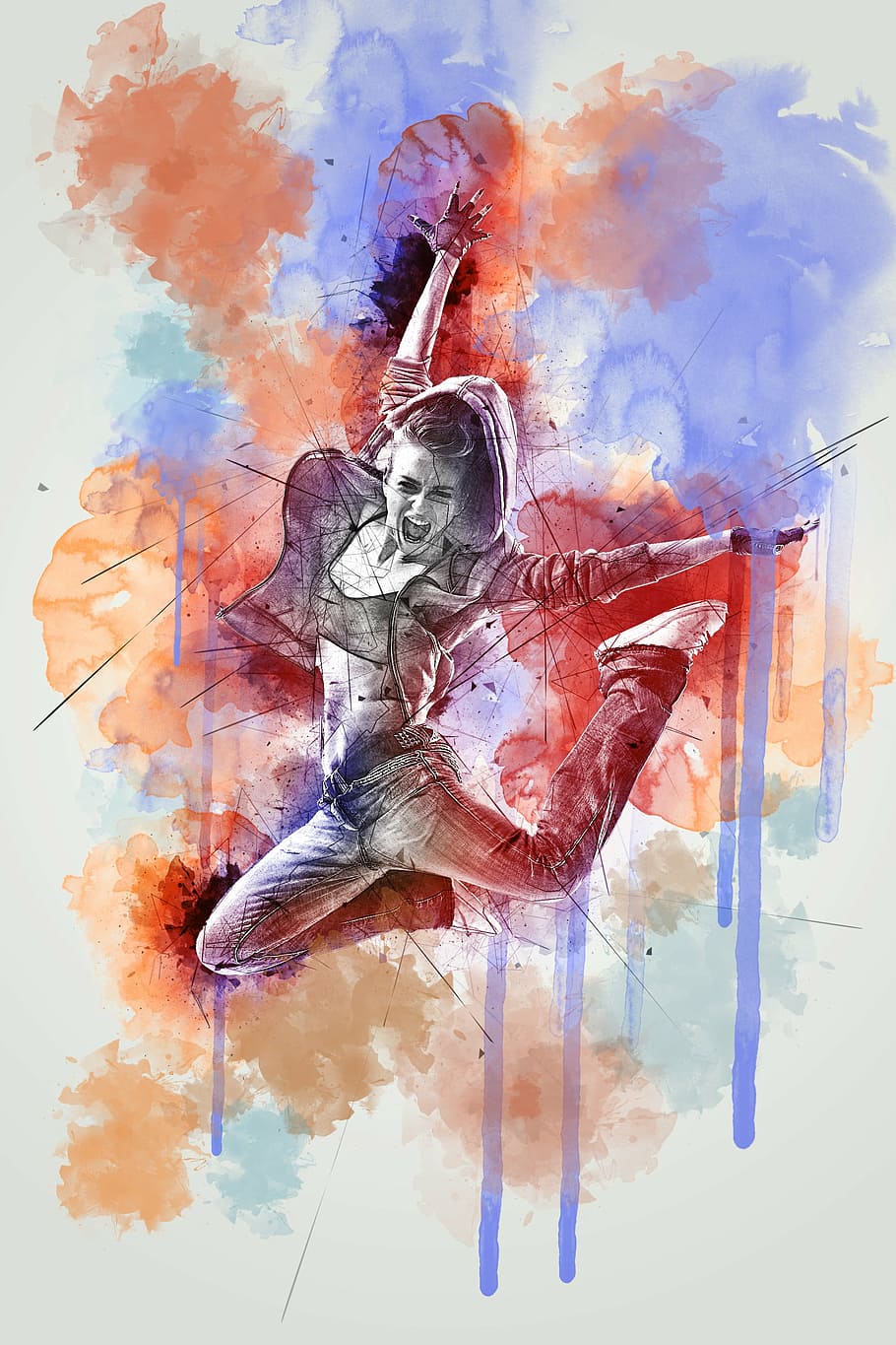 woman in gray hoodie jumping illustration, girl female, fun, move, HD wallpaper