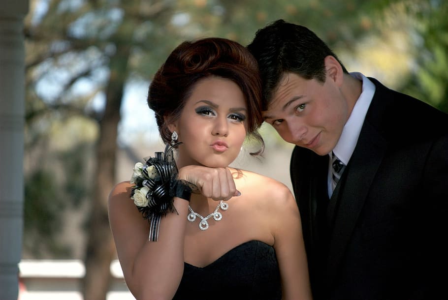 man and woman posing for picture taking, teenagers, prom, formal, HD wallpaper