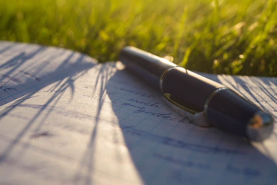 pencil, paper, grass, summer, write, text, green, blue, note HD wallpaper