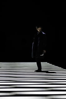 man standing on stripe shadowed floor, cool, dramatic, light HD wallpaper