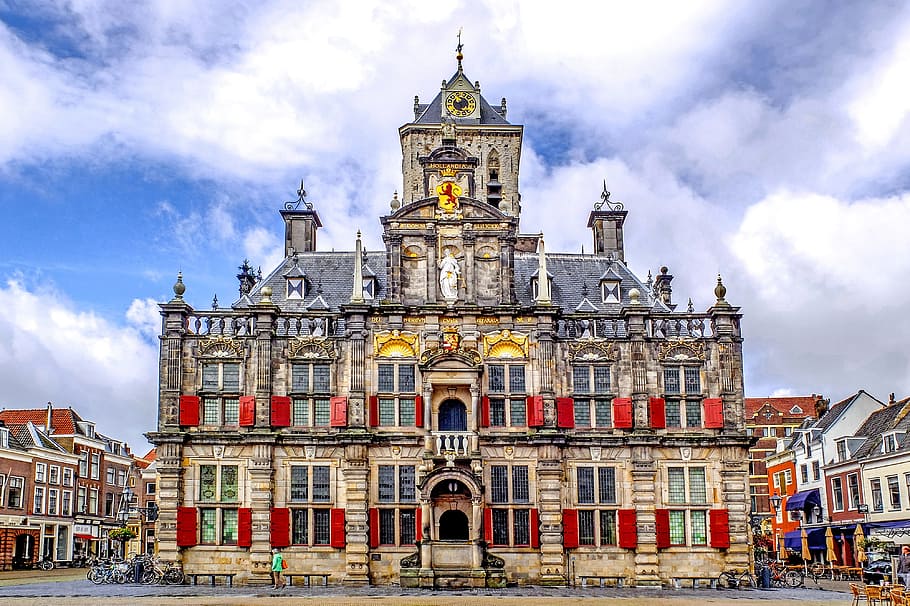 gray and red gothic building under white clouds, monument, town hall, HD wallpaper