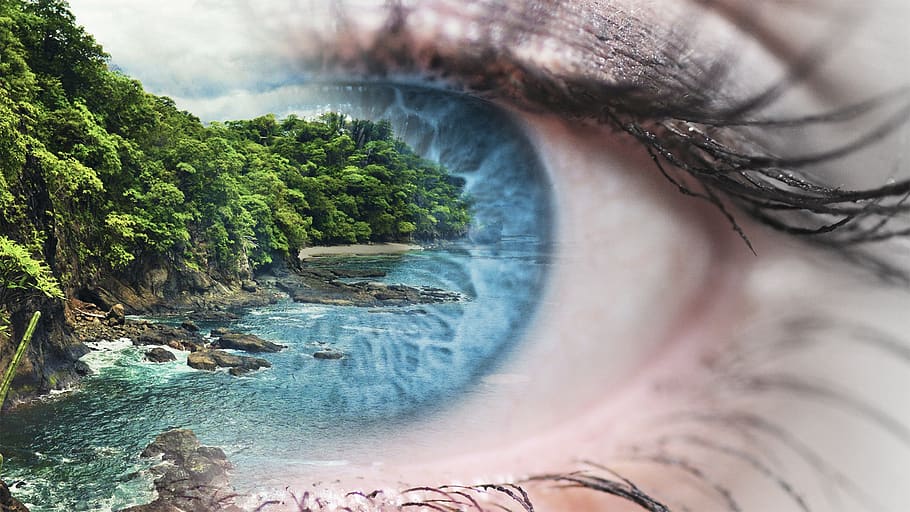 sea, eye, water, nature, ocean, beautiful, blue, close up, collage, HD wallpaper
