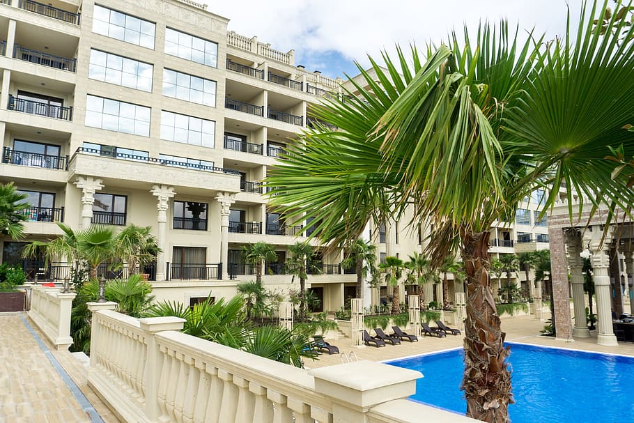 hotel, palm trees, holidays, pool, the resort, architecture HD wallpaper