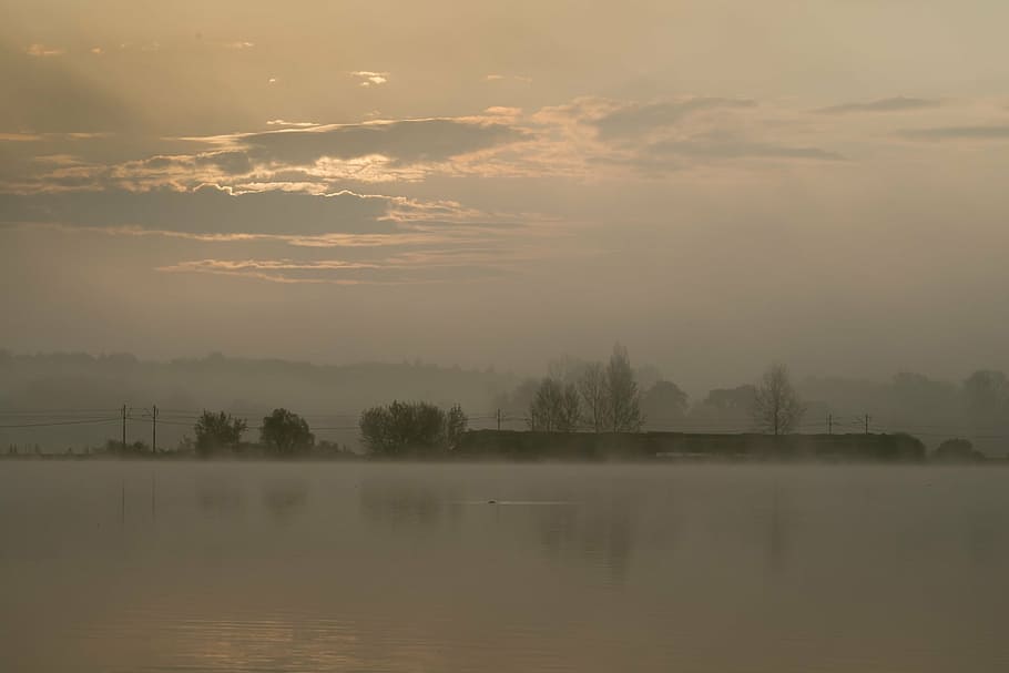 sunrise, reflection, pond, water, orange, fog, beauty in nature HD wallpaper
