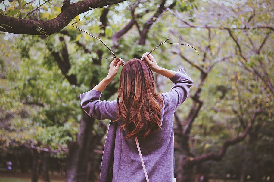 woman in purple jacket, outdoors, nature, tree, women, people HD wallpaper