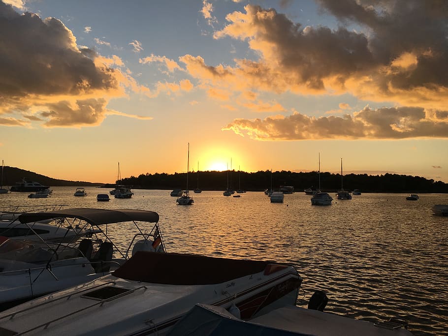 sunset, sea, boot, sunset sea, croatia, sky, water, cloud - sky HD wallpaper