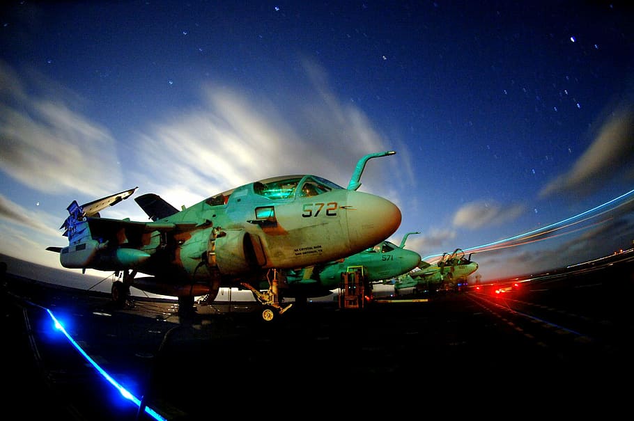 night, evening, sky, clouds, jets, fighters, lights, stars HD wallpaper