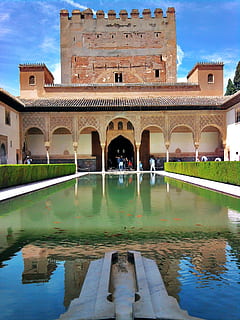 lake near structure, alhambra, spain, granada, ancient, moorish HD wallpaper