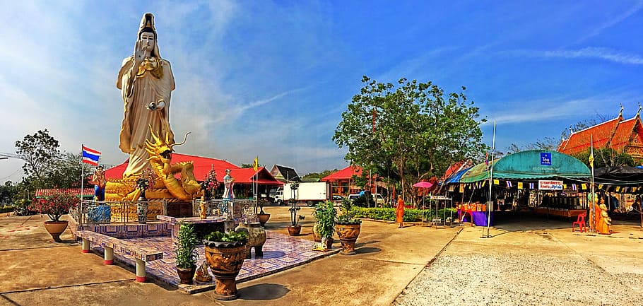 Guanyin, Temple Nophaket, bangkok pathum wan, thailand, statue, HD wallpaper