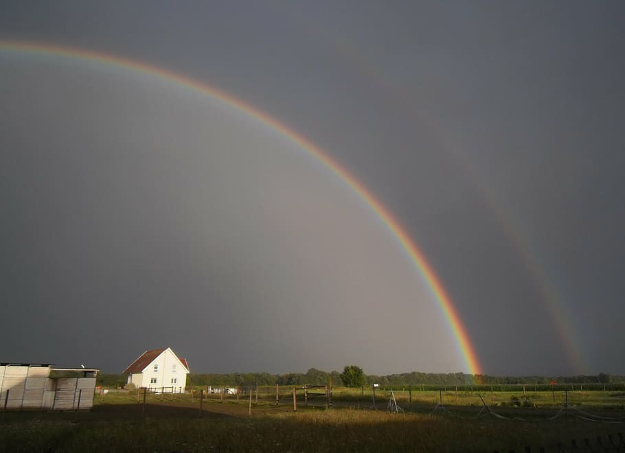 arc, sky, colors, rain, storm, rainbow, alsace, beauty in nature HD wallpaper