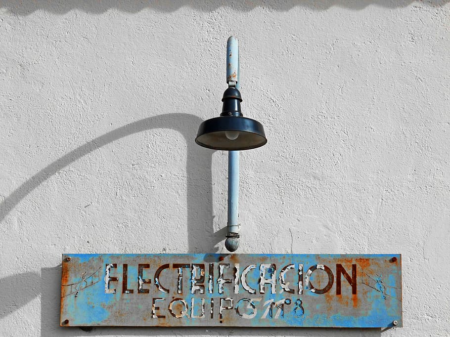 lamp, poster, old, rusty, electrification, railway, wall - building feature HD wallpaper