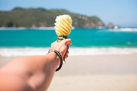 selective focus photography of person holding fruit near beach, shallow photo of person holding yellow pineapplae HD wallpaper