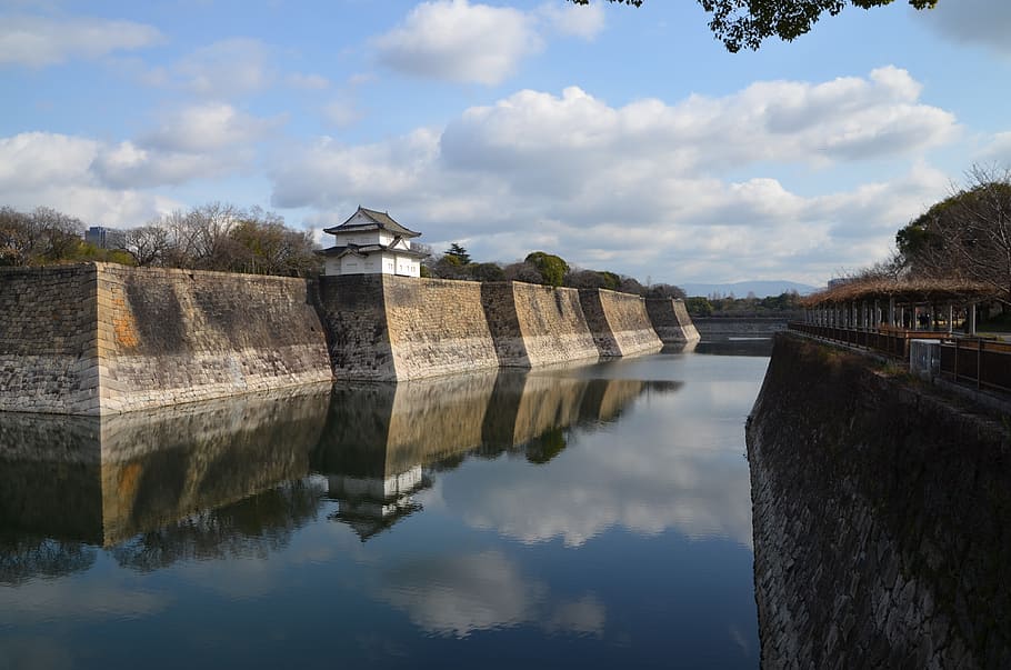 osaka castle, outer moat, japanese, wall, water, fortress, reflection HD wallpaper