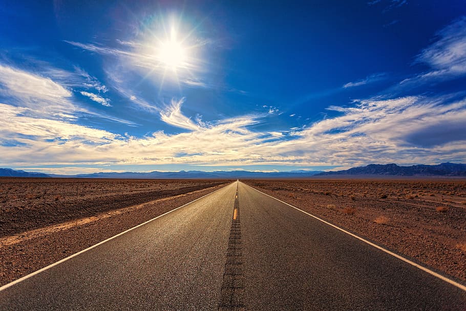 gray asphalt road between desert field during daytime, sky, landscape, HD wallpaper