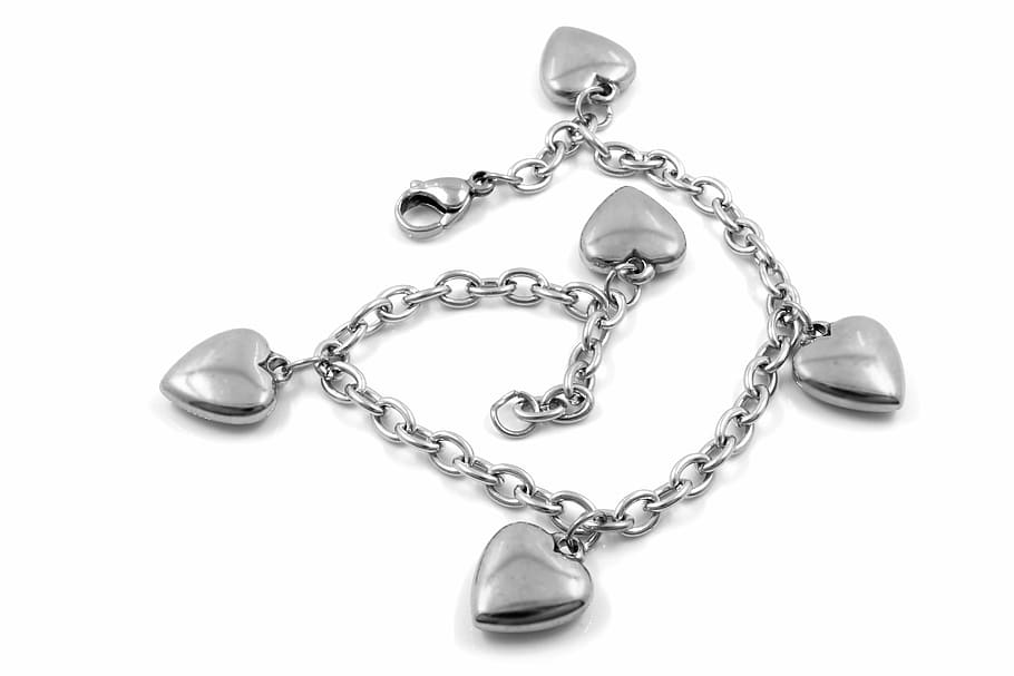 silver-colored heart charm bracelet, stainless, background HD wallpaper