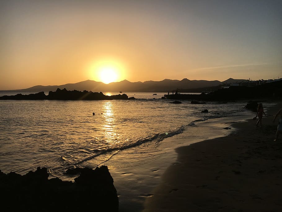 sunset, lanzarote, beach, water, sky, beauty in nature, sea HD wallpaper