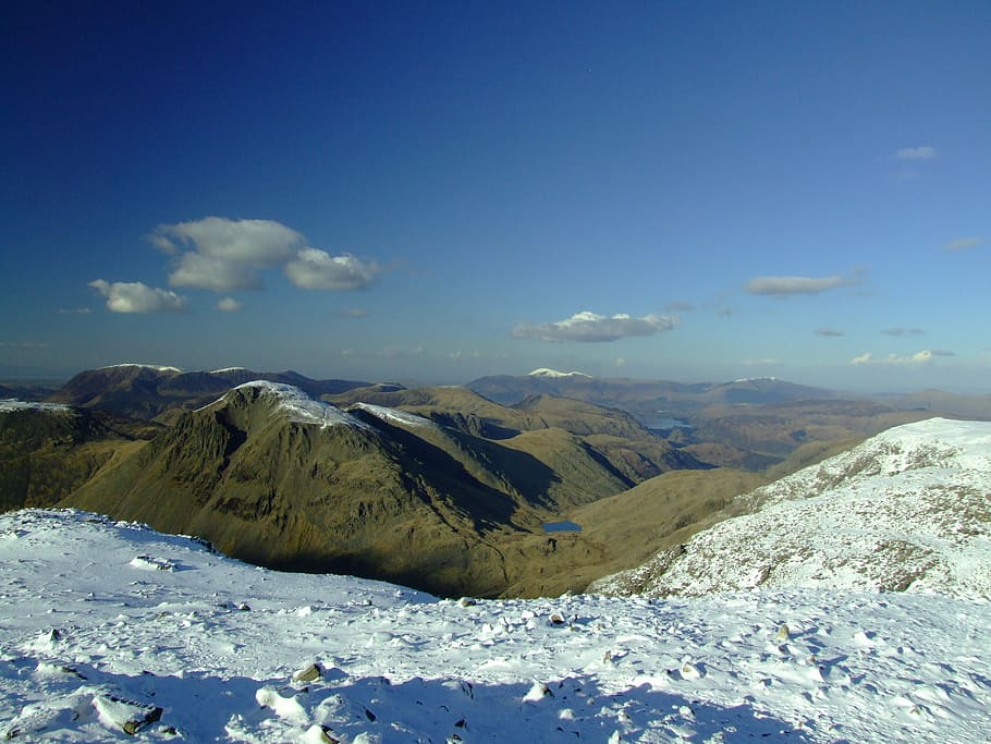 lake district, england, mountains, snow, scafell pike, great gable, HD wallpaper