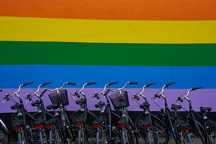 black commuter bikes parked near multicolored wall, commuter bike organize parking in front of rainbow wall HD wallpaper