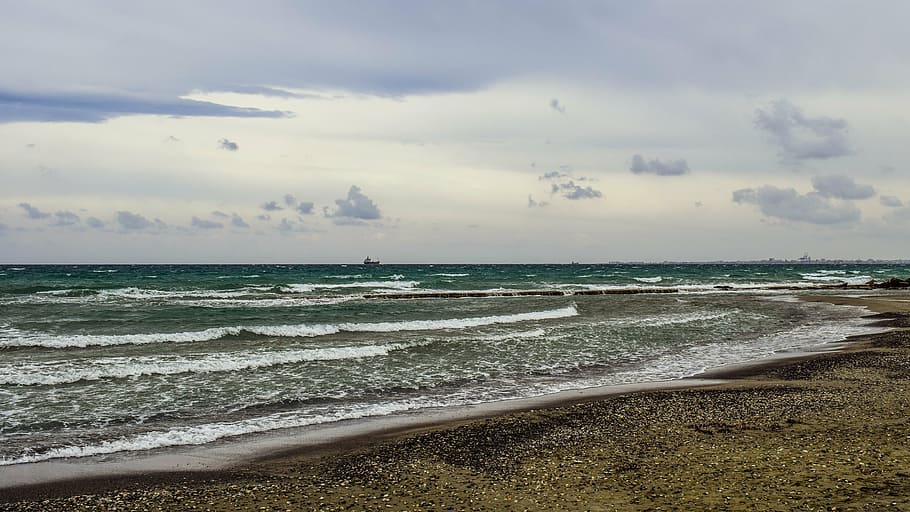 beach, sea, waves, cloudy, windy, scenery, larnaca, cyprus HD wallpaper