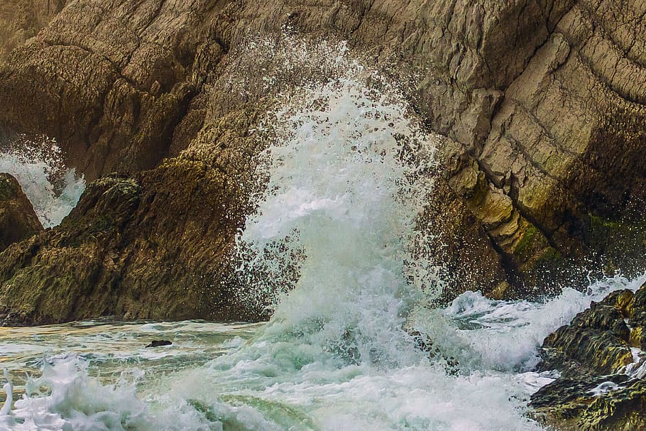 ocean water splash beside cliff, reef, rock, wave, seascape HD wallpaper