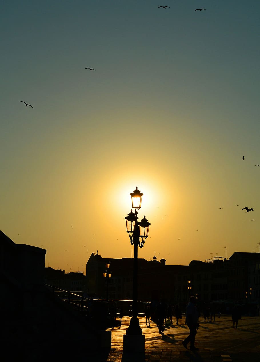 lantern, birds, abendstimmung, space, street light, mood, idyllic HD wallpaper
