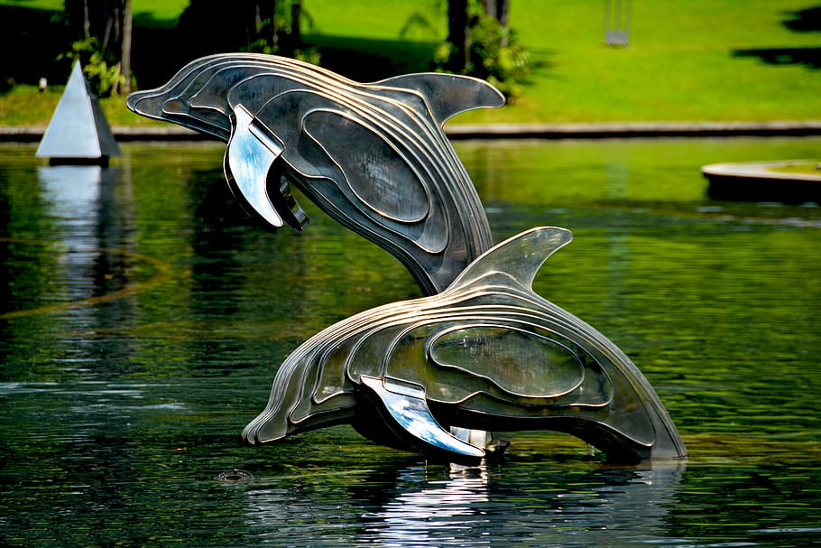 two statues of dolphins in water, sculpture, architecture, monument HD wallpaper